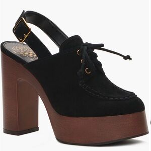 🔥 Vince Camuto Kabrie Black Suede & Wood Platform Slingback Loafer Heels 🔥